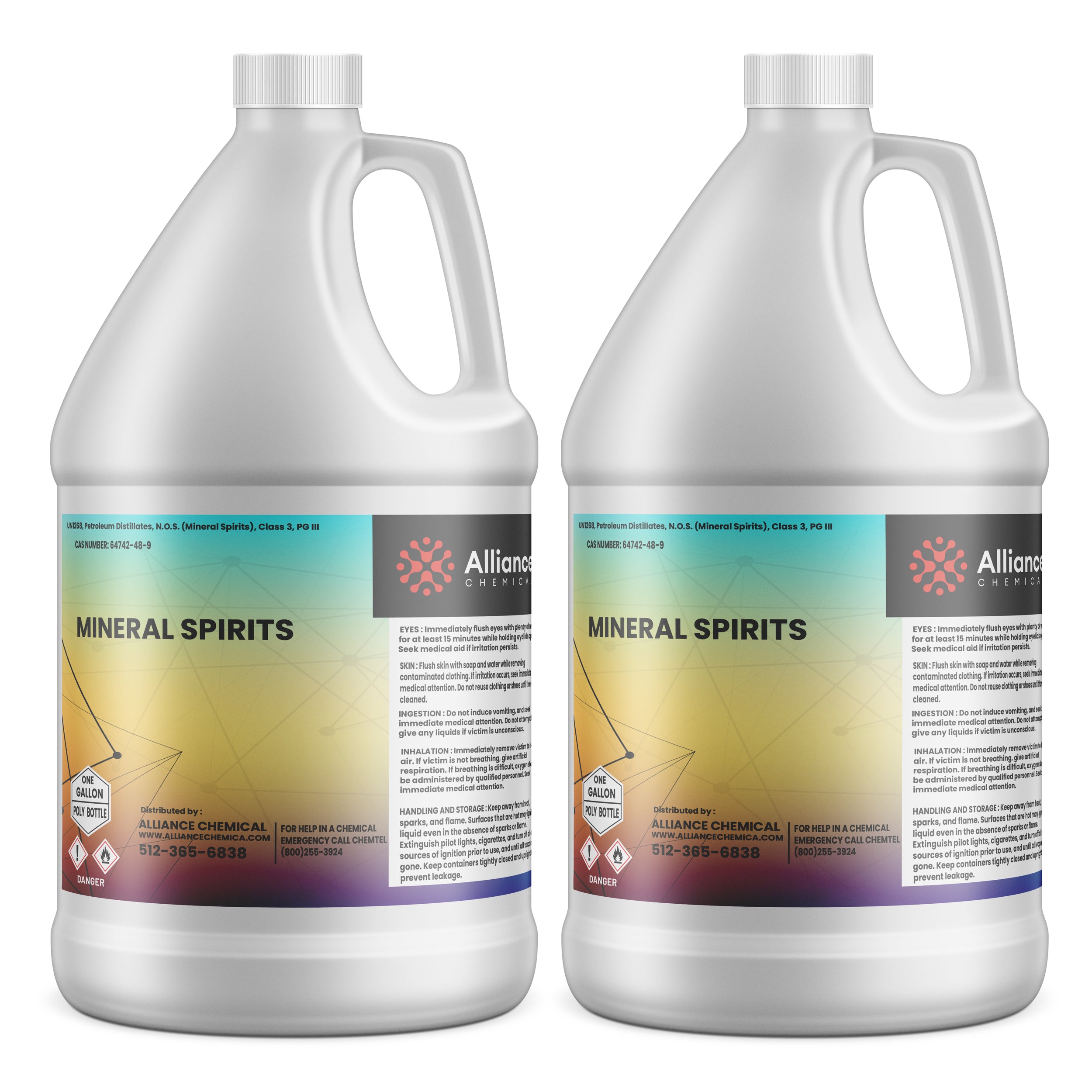 2-gallon mineral spirits in white HDPE containers by Alliance Chemical, featuring danger warning symbols, safety instructions, and CAS number 64742-48-9.
