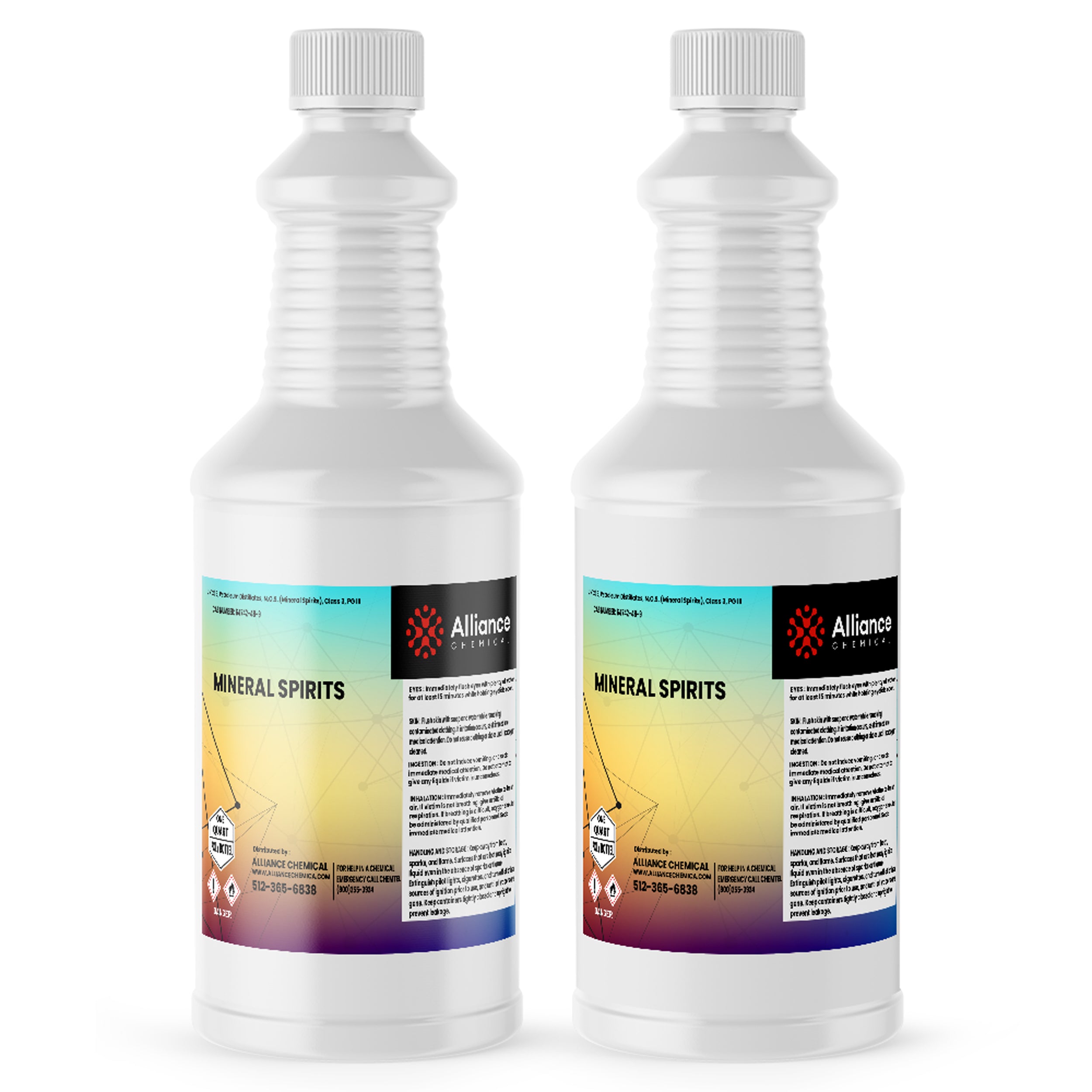 2-quart Mineral Spirits in white HDPE bottles with ribbed caps, Alliance Chemical brand, featuring gradient label and flammable/harmful hazard symbols.