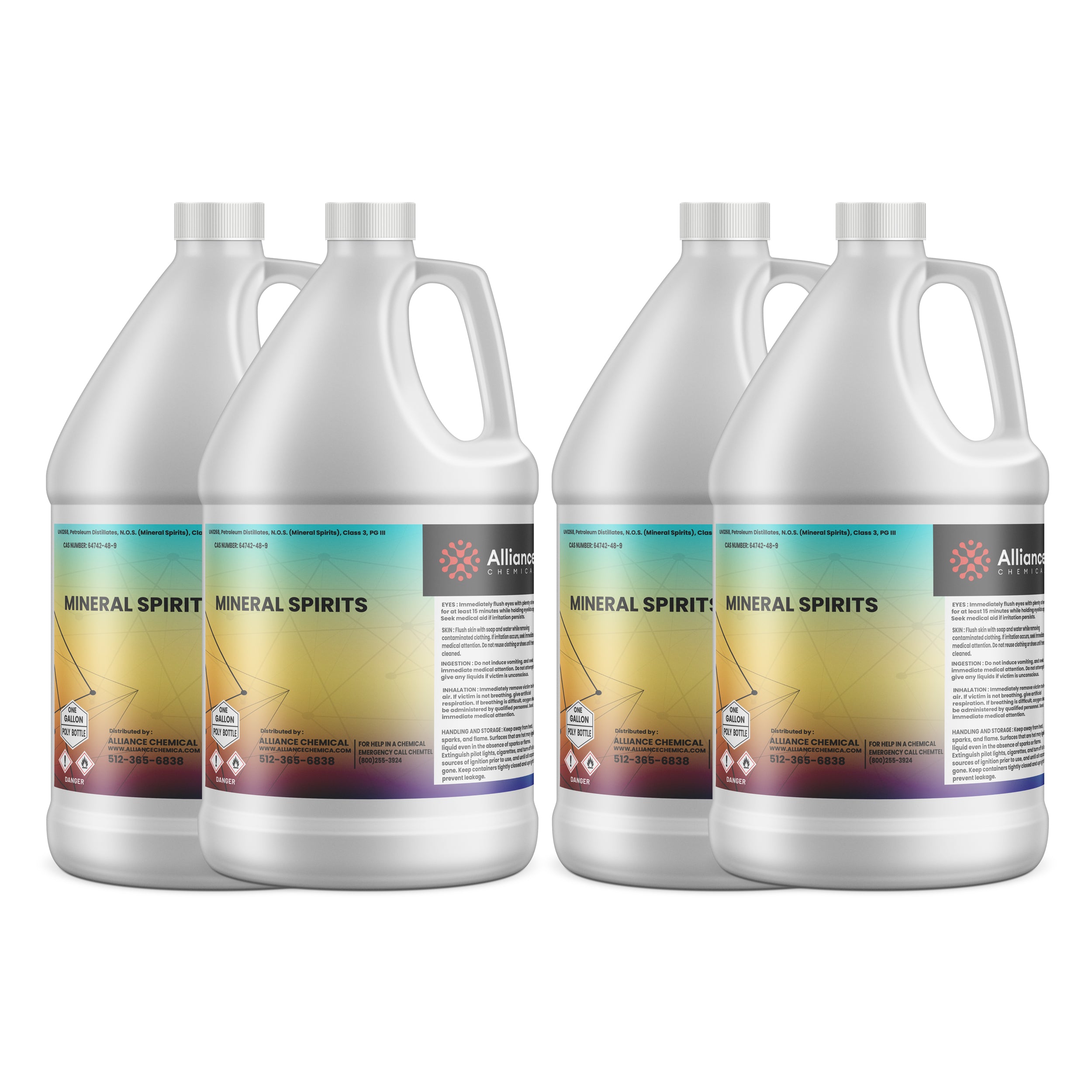 4x1-gallon Mineral Spirits in white HDPE containers by Alliance Chemical, featuring gradient labels, flammable warning symbols and industrial safety information.