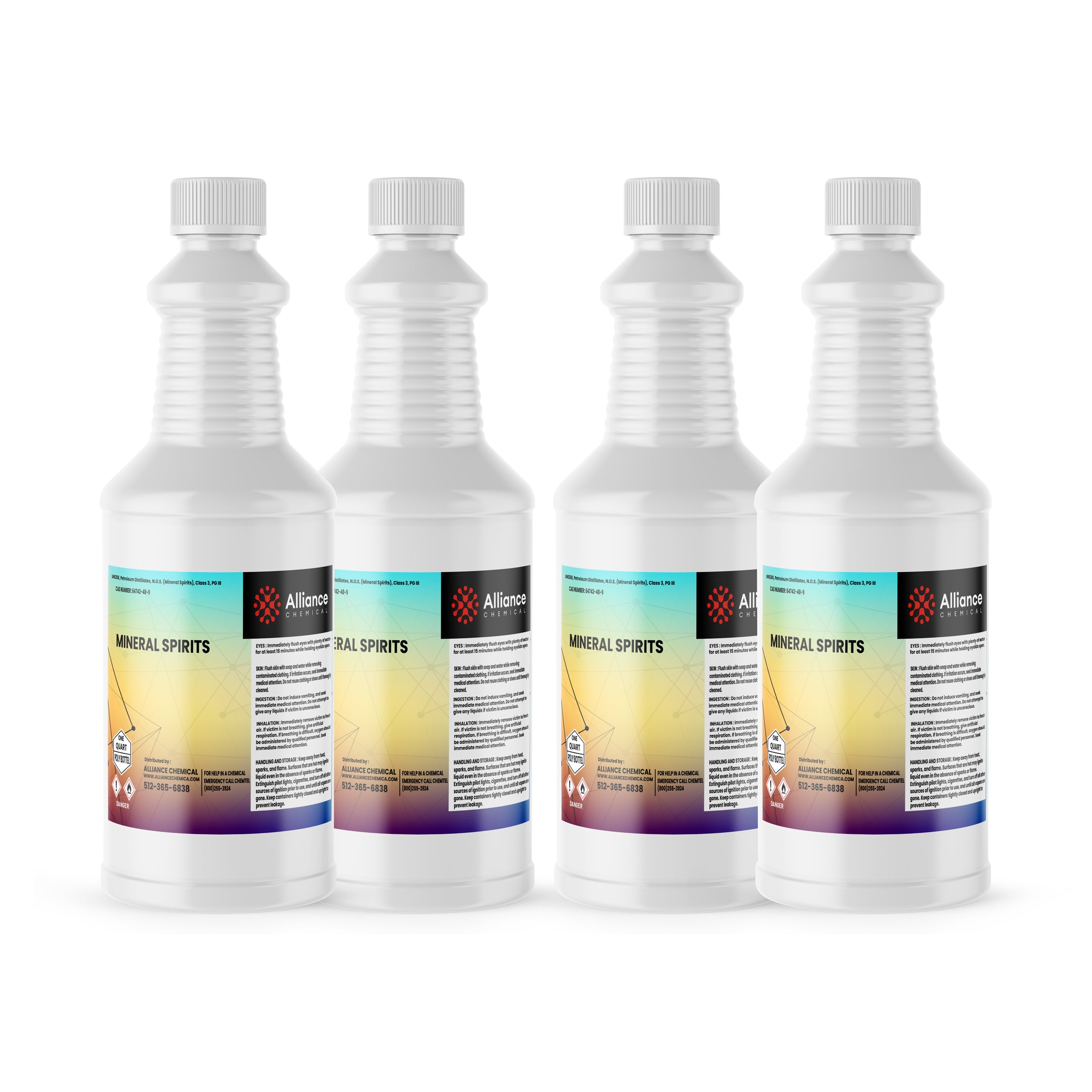 4x1-quart mineral spirits in white HDPE bottles, Alliance Chemical branded labels with colorful gradient design, hazmat warning symbols, industrial-grade solvent.