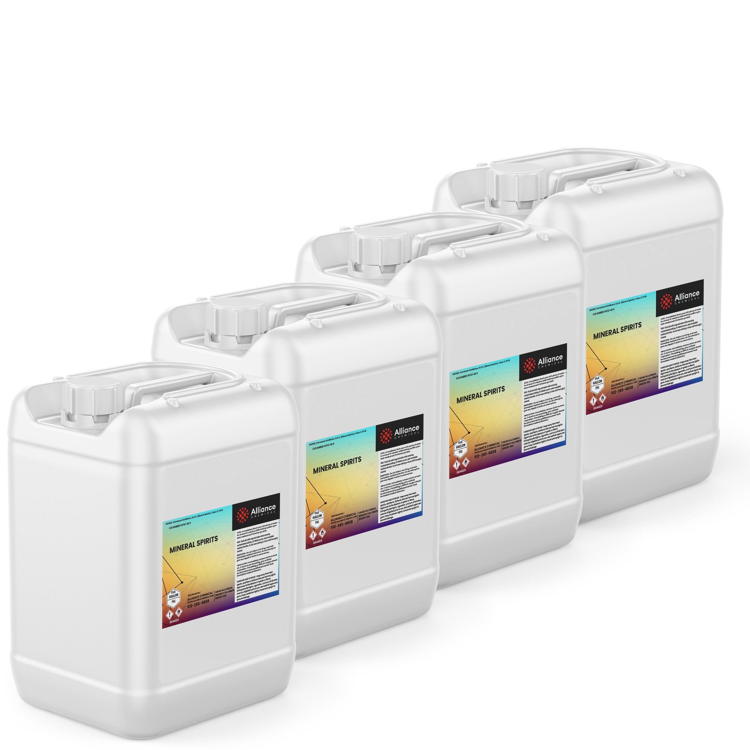 4x5-gallon HDPE containers of industrial-grade mineral spirits with Alliance Chemical labels, hazmat warning symbols, and secure screw-top closures.