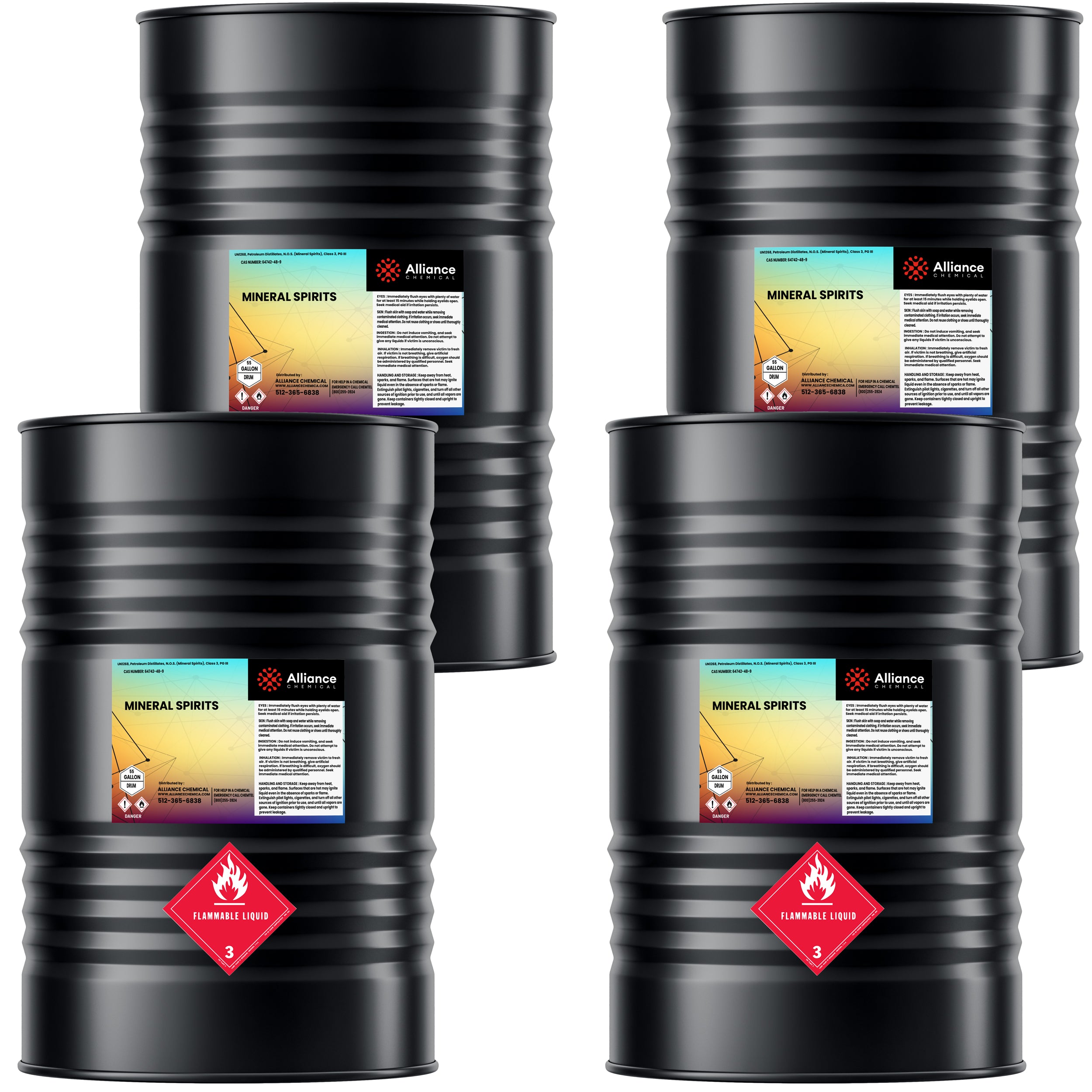 4x55-gallon black steel drums of industrial mineral spirits, Alliance Chemical brand, with flammable liquid Class 3 warning labels and gradient product identification panels.