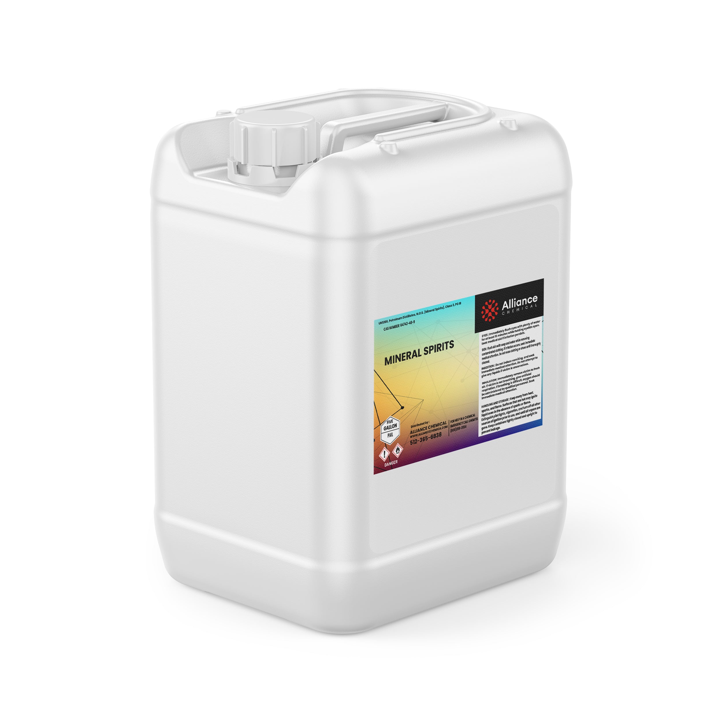 5-gallon white HDPE container of industrial mineral spirits by Alliance Chemical, featuring rainbow-gradient safety label and hazard warning symbols.