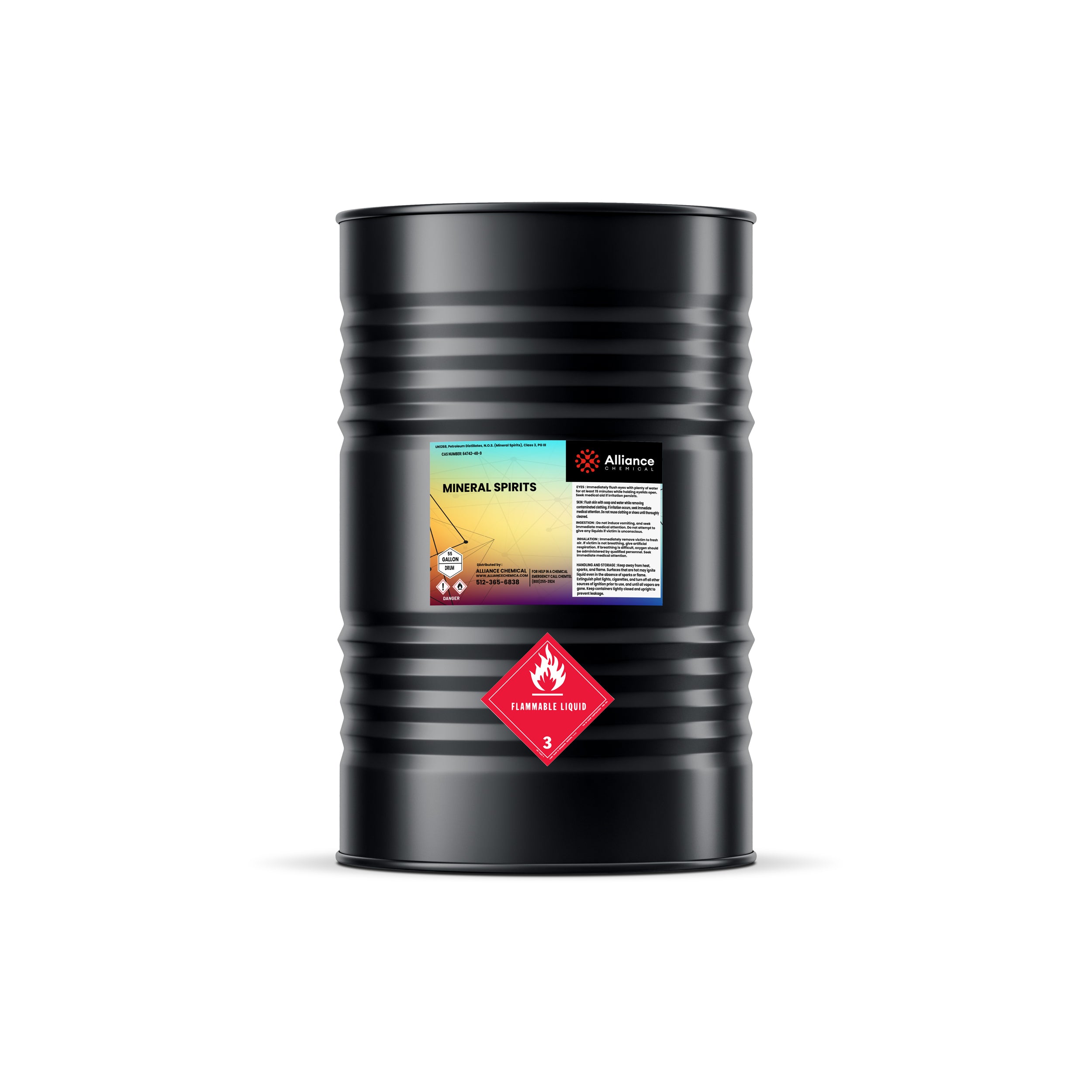55-gallon black steel drum of industrial mineral spirits with flammable liquid Class 3 placard and Alliance Chemical safety label, ribbed design.