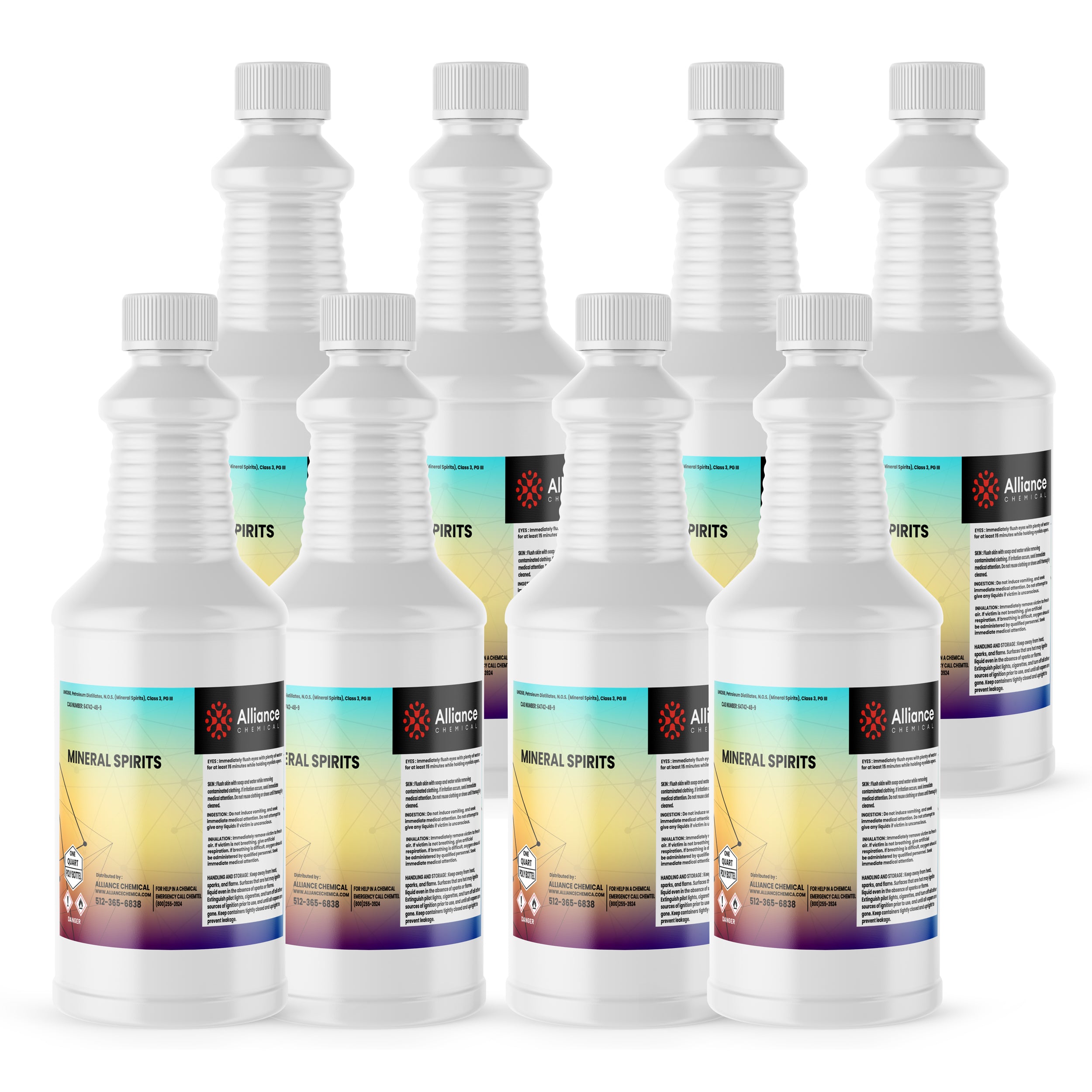 8x1 quart mineral spirits in ribbed HDPE bottles, Alliance Chemical brand, with gradient turquoise-purple labels and hazmat warning symbols.