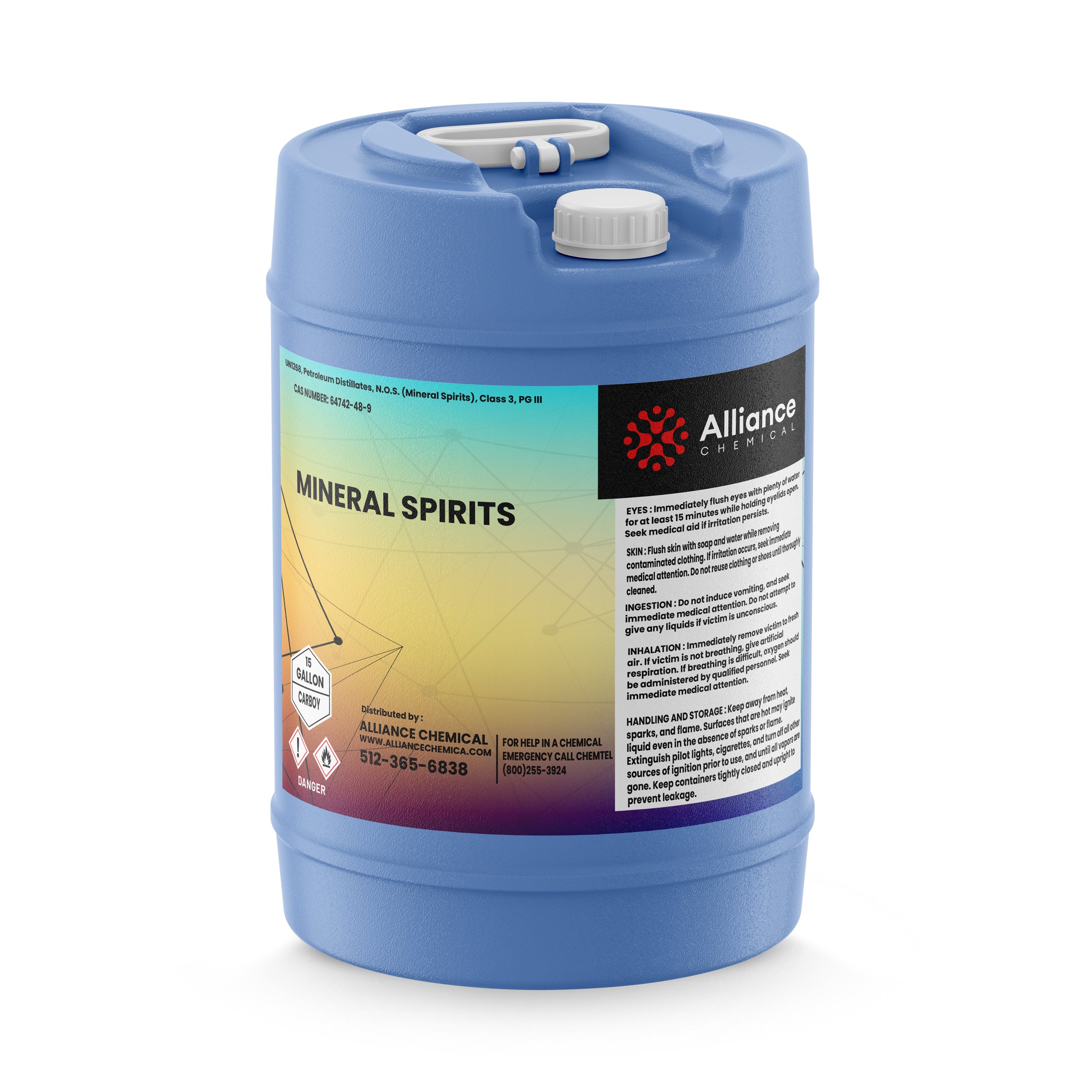 5-gallon blue HDPE carboy of industrial mineral spirits with flammable warning symbols, safety instructions, and Alliance Chemical branding.