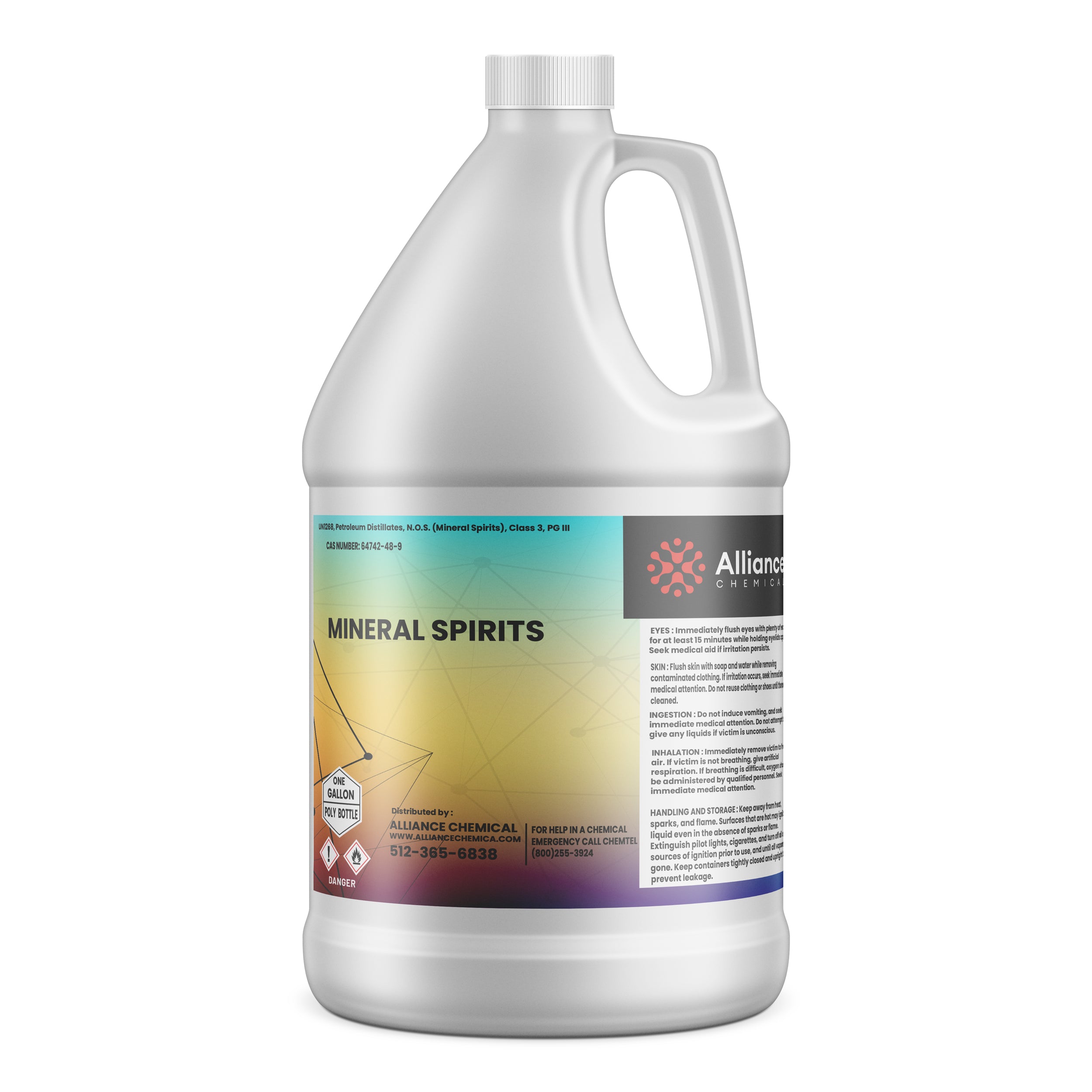 One-gallon white HDPE container of industrial mineral spirits by Alliance Chemical, featuring gradient label design, danger warning symbols, and safety information. UN Class 3 flammable liquid.