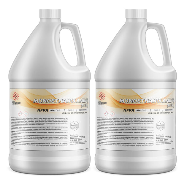 2-gallon monoethanolamine (MEA) in HDPE jugs with NFPA diamond ratings 3-2-0, and Alliance Chemical branding