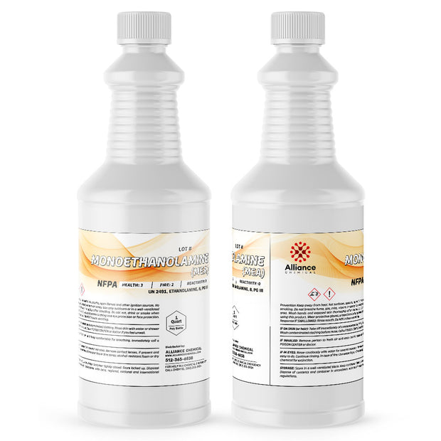 2-quart monoethanolamine (MEA) in HDPE bottles with NFPA diamond labels, Alliance Chemical branding, and on tamper-sealed