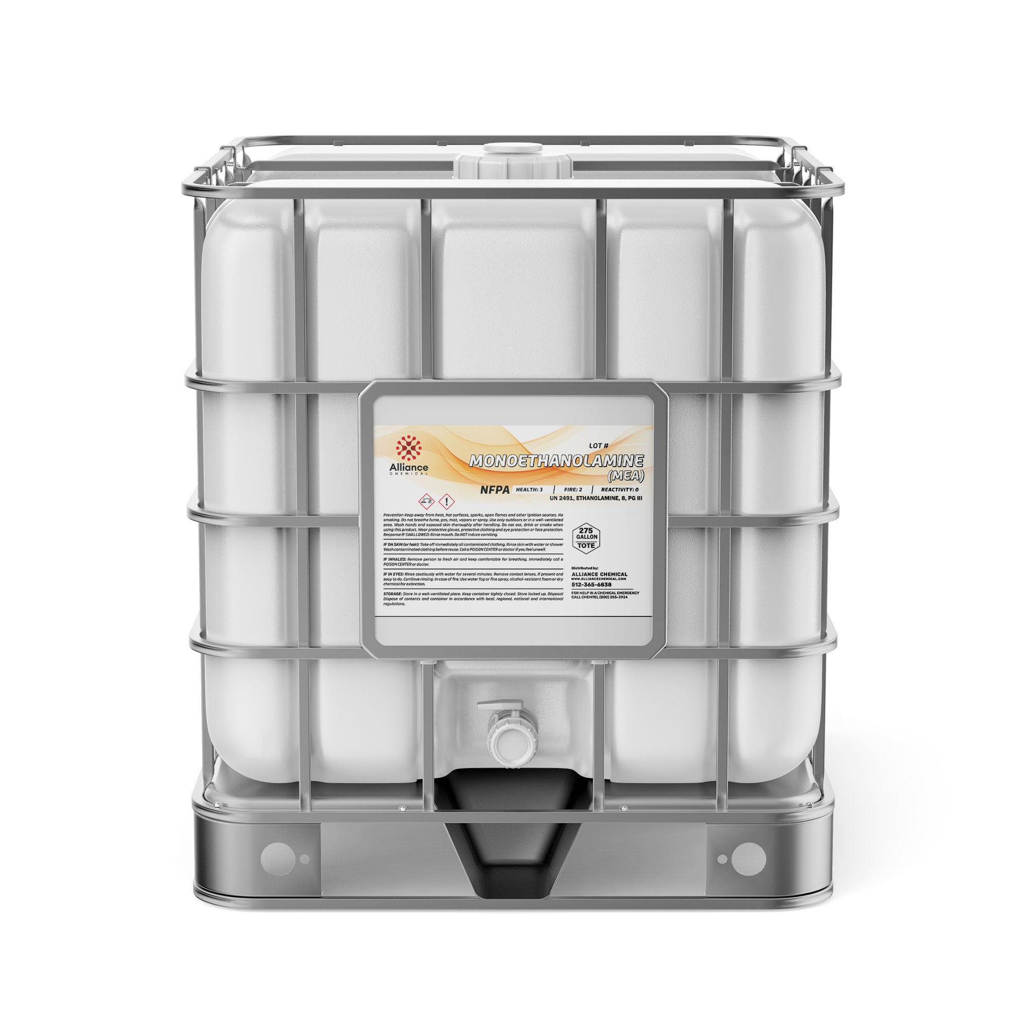 275-gallon IBC tote of Monoethanolamine (MEA) with metal cage frame, NFPA diamond hazard label, Alliance Chemical branding, and bottom discharge valve.