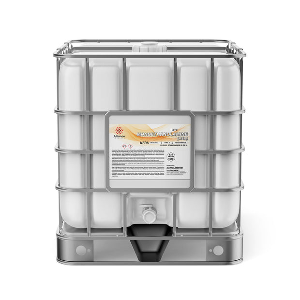 275-gallon IBC tote of Monoethanolamine (MEA) , NFPA diamond hazard label, Alliance Chemical branding