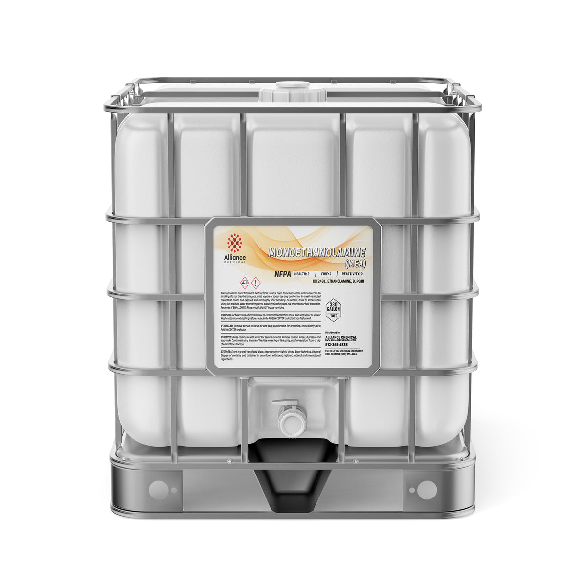 Alliance Chemical 330-gallon Monoethanolamine (MEA) tote with a white plastic container and a metal cage.