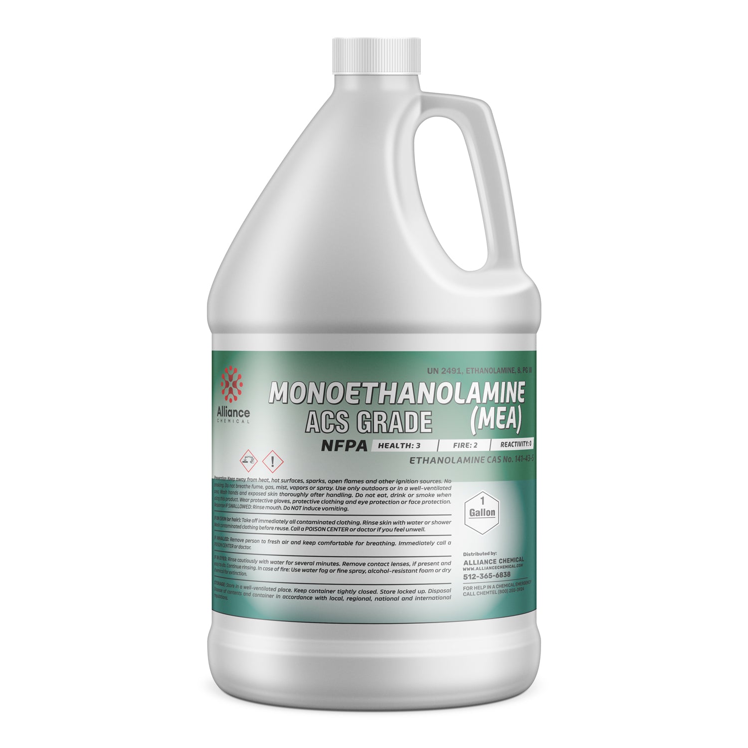 1-gallon white HDPE jug of ACS grade Monoethanolamine (MEA) with NFPA diamond, UN2491 classification, and Alliance Chemical safety labeling.