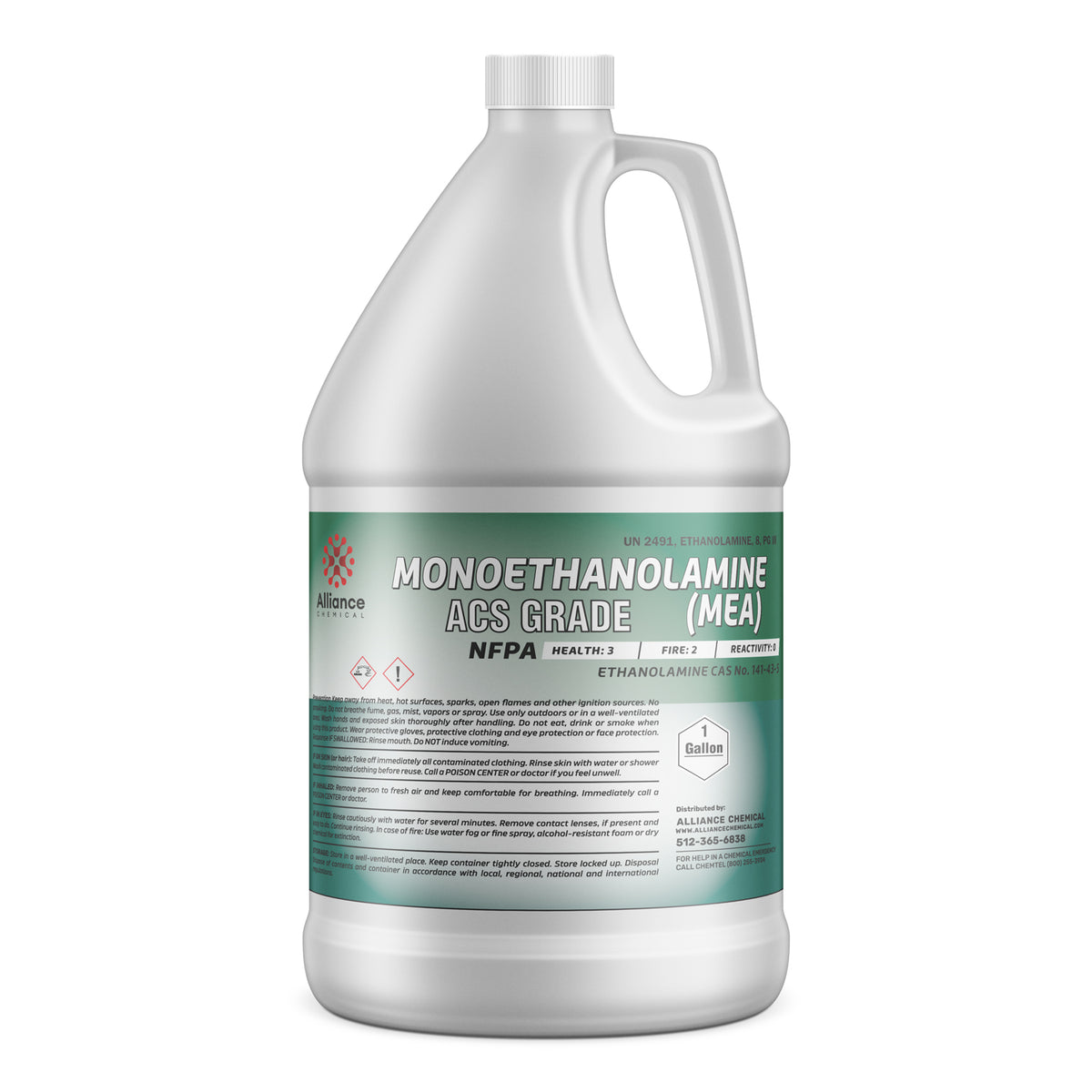 1-gallon HDPE jug of ACS grade Monoethanolamine (MEA) with NFPA diamond, and Alliance Chemical safety labeling