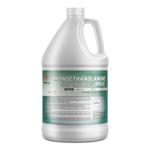 1-gallon HDPE jug of ACS grade Monoethanolamine (MEA) with NFPA diamond, and Alliance Chemical safety labeling