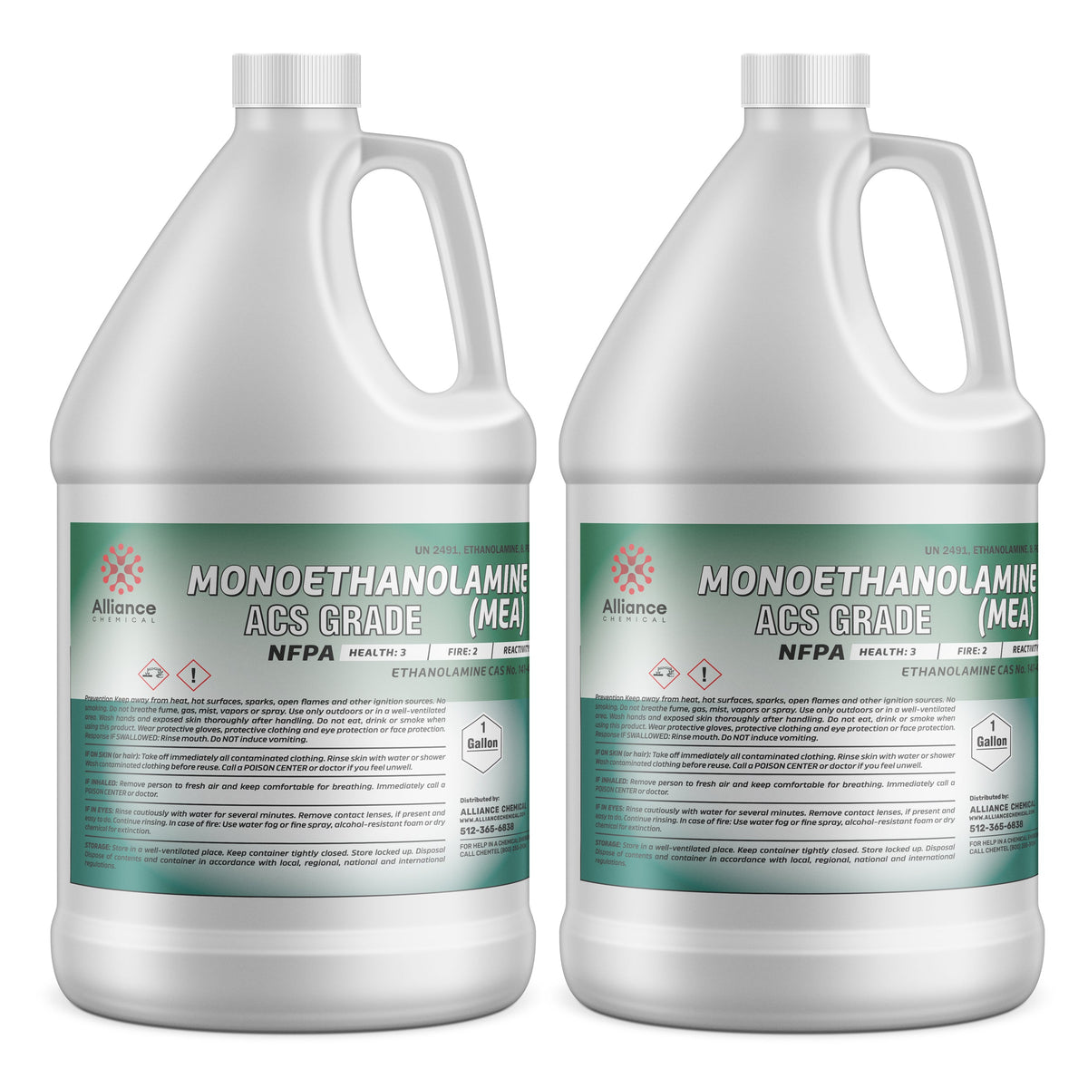 2-gallon HDPE jugs of ACS grade Monoethanolamine (MEA) with NFPA hazard diamond, and Alliance Chemical branding