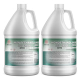 2-gallon HDPE jugs of ACS grade Monoethanolamine (MEA) with NFPA hazard diamond, and Alliance Chemical branding