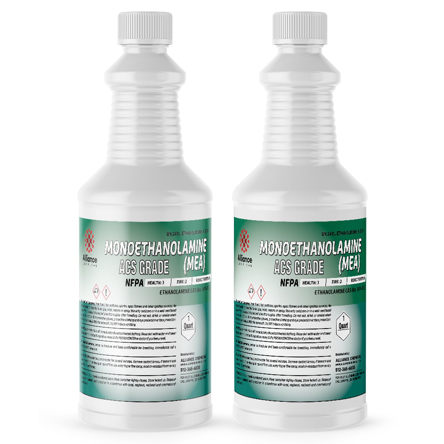 2-quart ACS grade Monoethanolamine (MEA) in white HDPE bottles with NFPA diamond, Alliance Chemical brand, FIRE:2 HEALTH:3 hazard ratings.