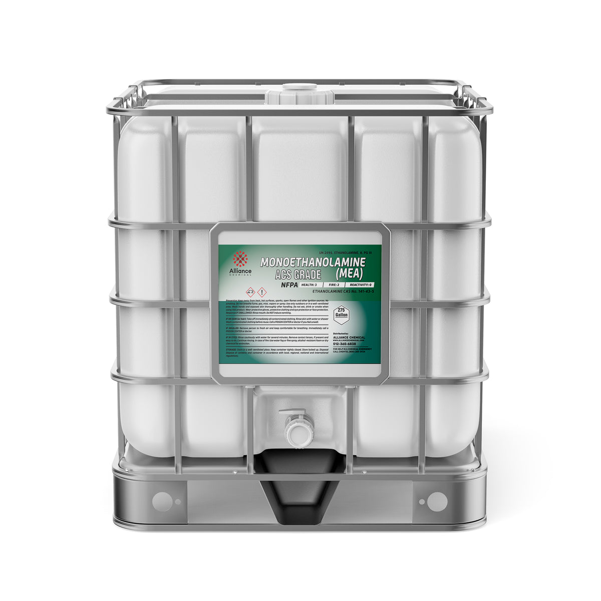 Alliance Chemical 275-gallon plastic tote of Monoethanolamine (MEA) ACS Grade with steel cage and label.