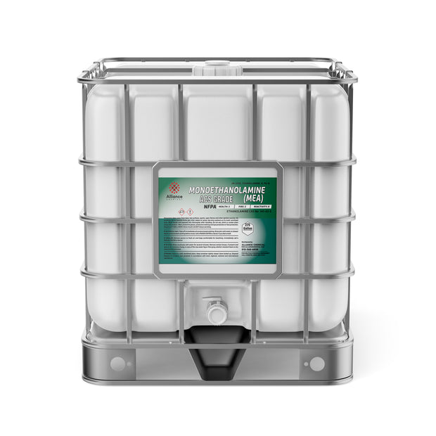 Alliance Chemical 275-gallon plastic tote of Monoethanolamine (MEA) ACS Grade with steel cage and label.