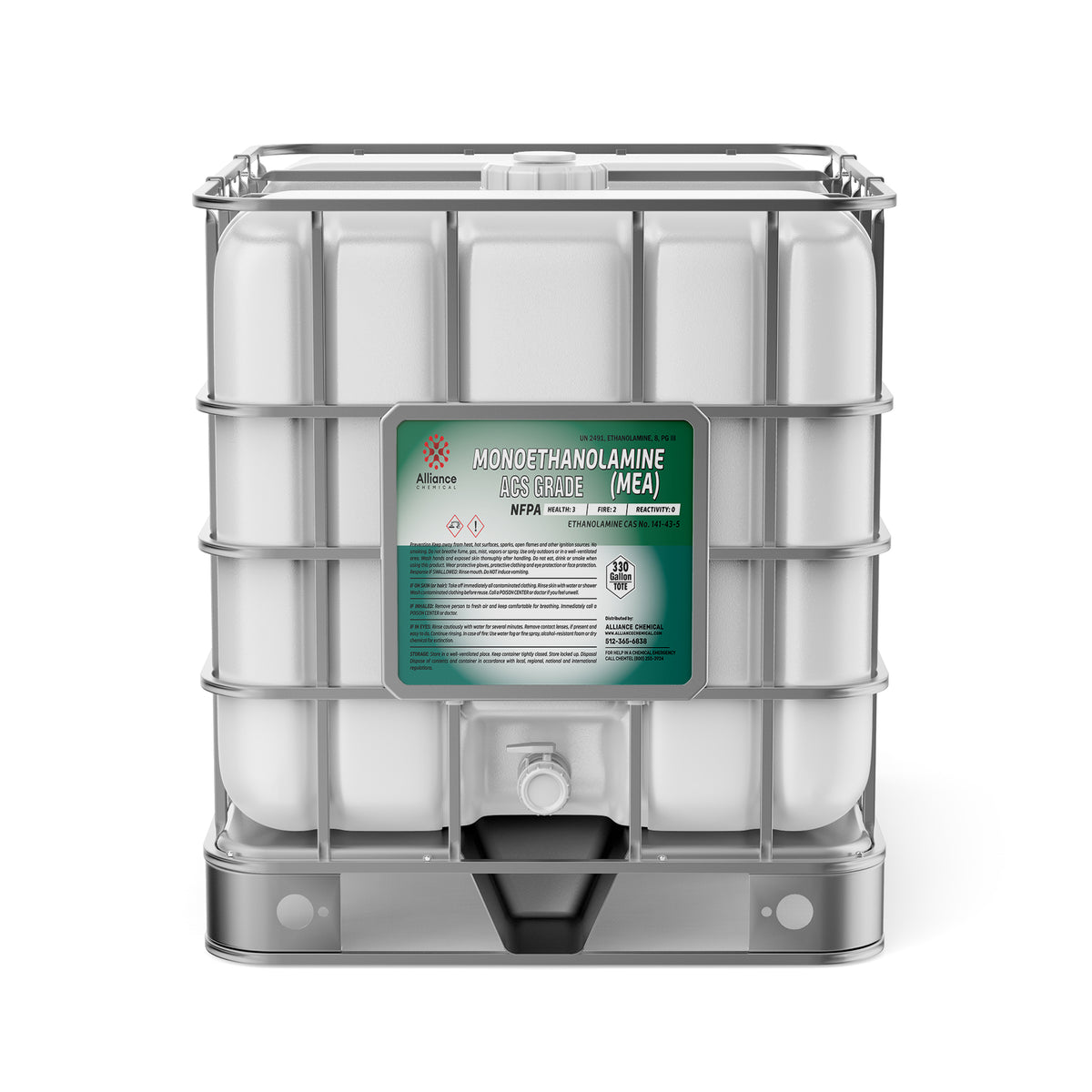 Alliance Chemical 330-gallon plastic tote of Monoethanolamine (MEA) ACS Grade with steel cage and label.