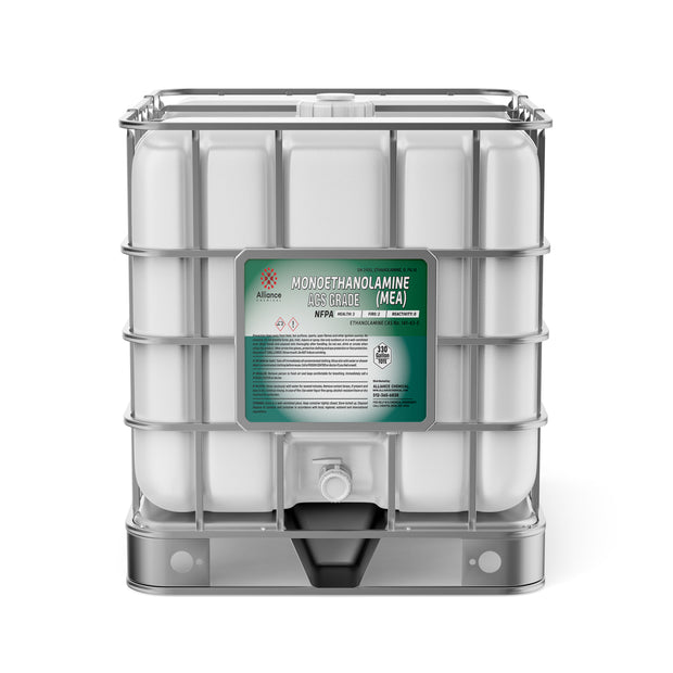 Alliance Chemical 330-gallon plastic tote of Monoethanolamine (MEA) ACS Grade with steel cage and label.