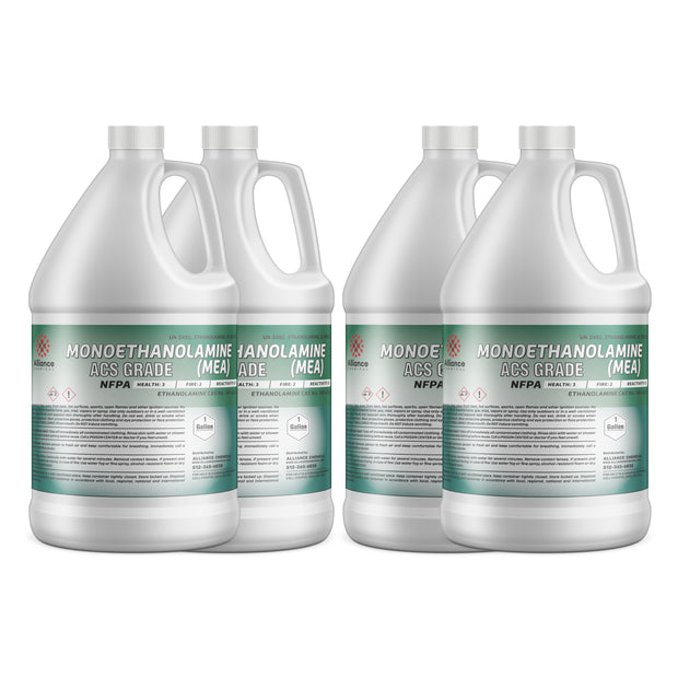 Four 1-gallon HDPE jugs of Alliance Chemical Monoethanolamine (MEA) ACS Grade with white screw caps and labels
