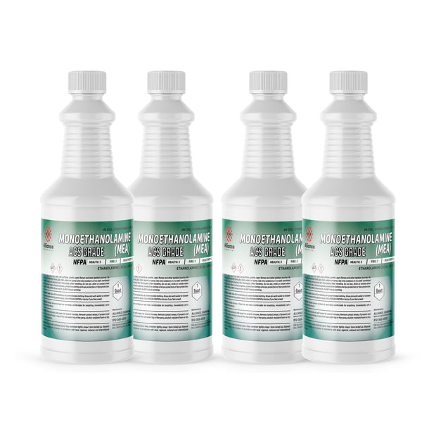 Four 1-quart plastic bottles of Alliance Chemical Monoethanolamine (MEA) ACS Grade with white caps and safety label.