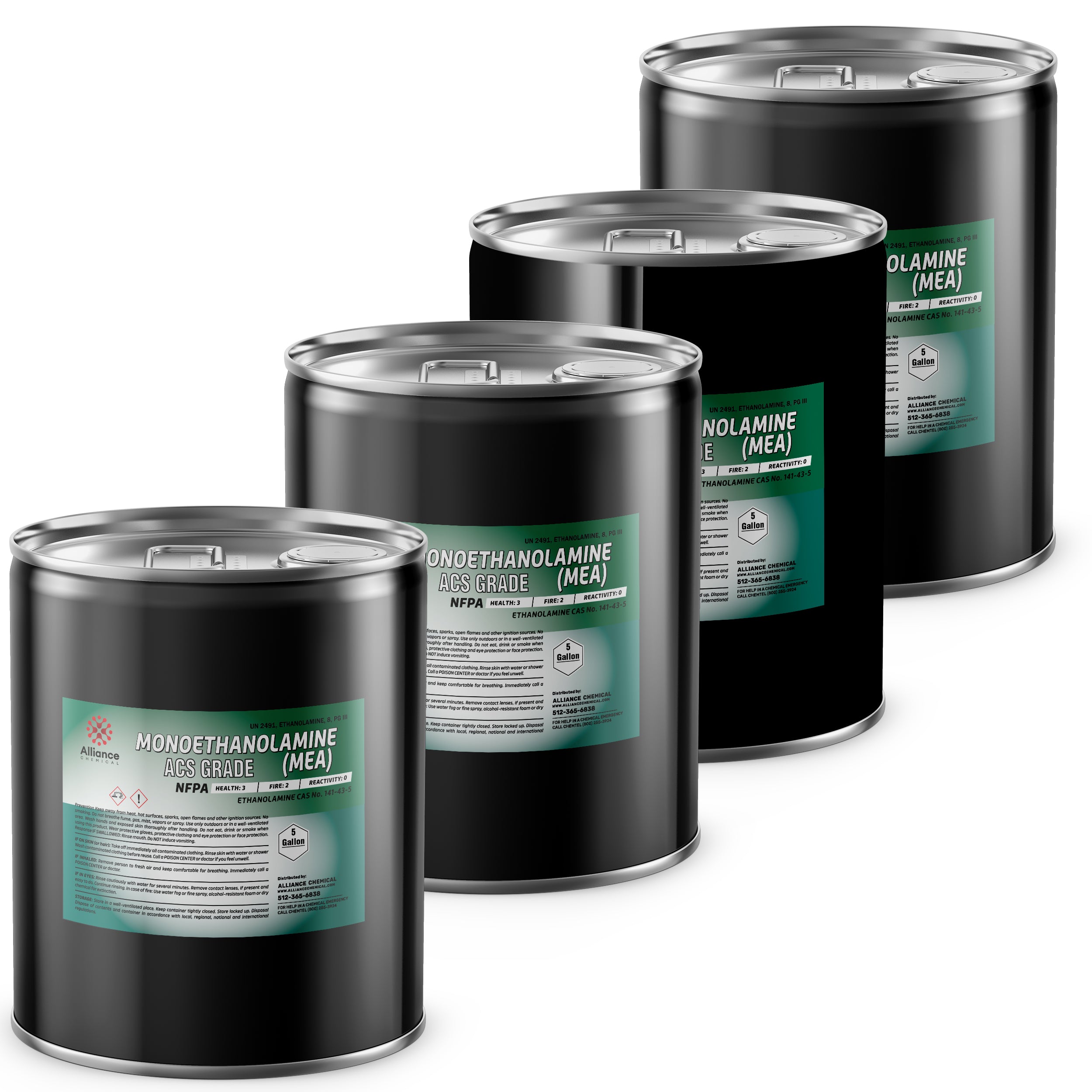 4x5-gallon drums of Monoethanolamine (MEA) ACS Grade, black industrial containers with turquoise labels, NFPA diamond, Alliance Chemical branding.