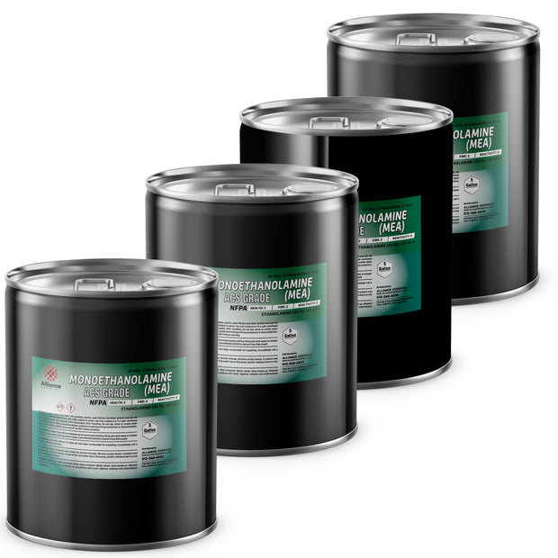 4x5-gallon drums of Monoethanolamine (MEA) ACS Grade, black industrial containers NFPA diamond, Alliance Chemical branding