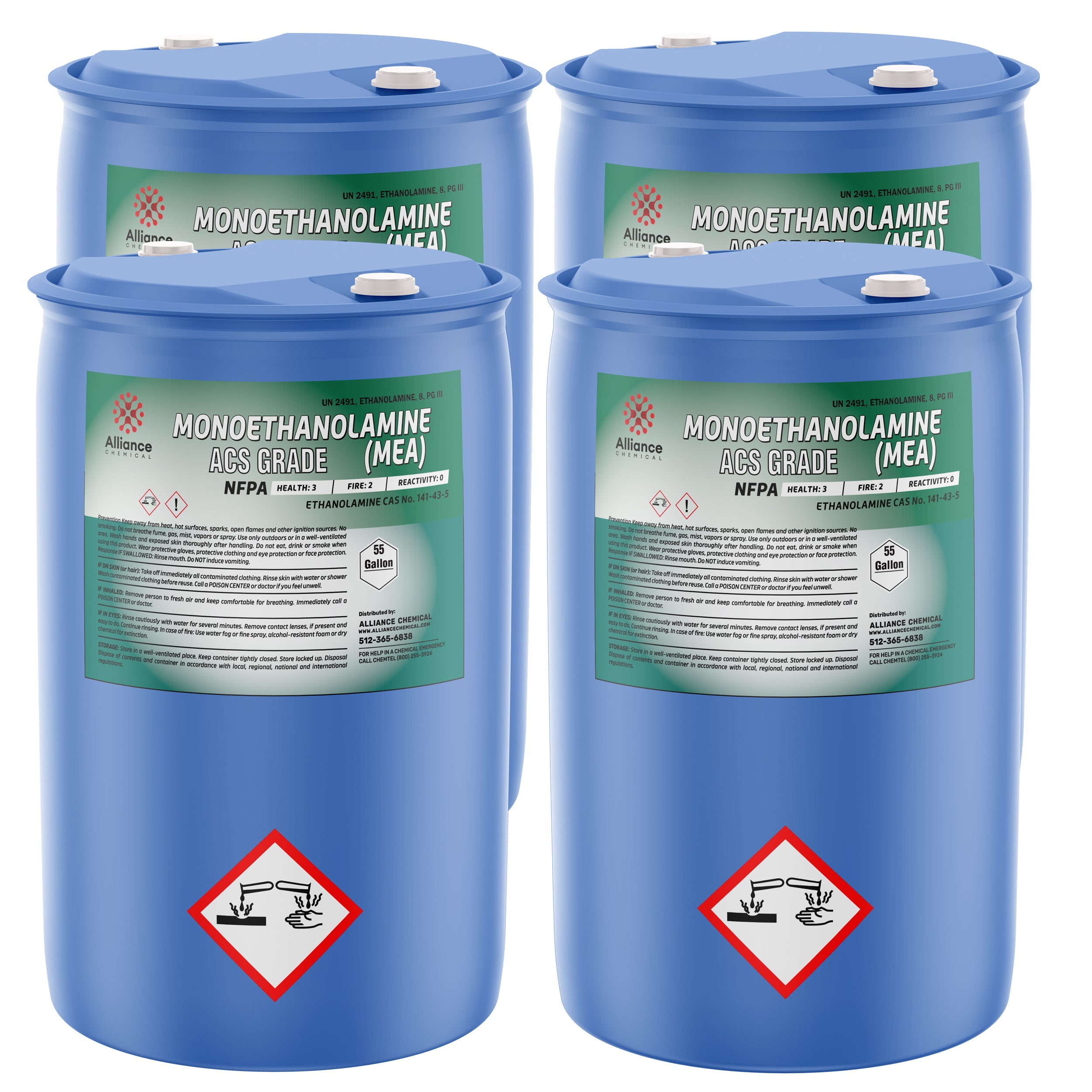55-gallon blue drums of Monoethanolamine (MEA) ACS Grade with corrosive hazard symbols, NFPA diamond ratings, and Alliance Chemical branding.