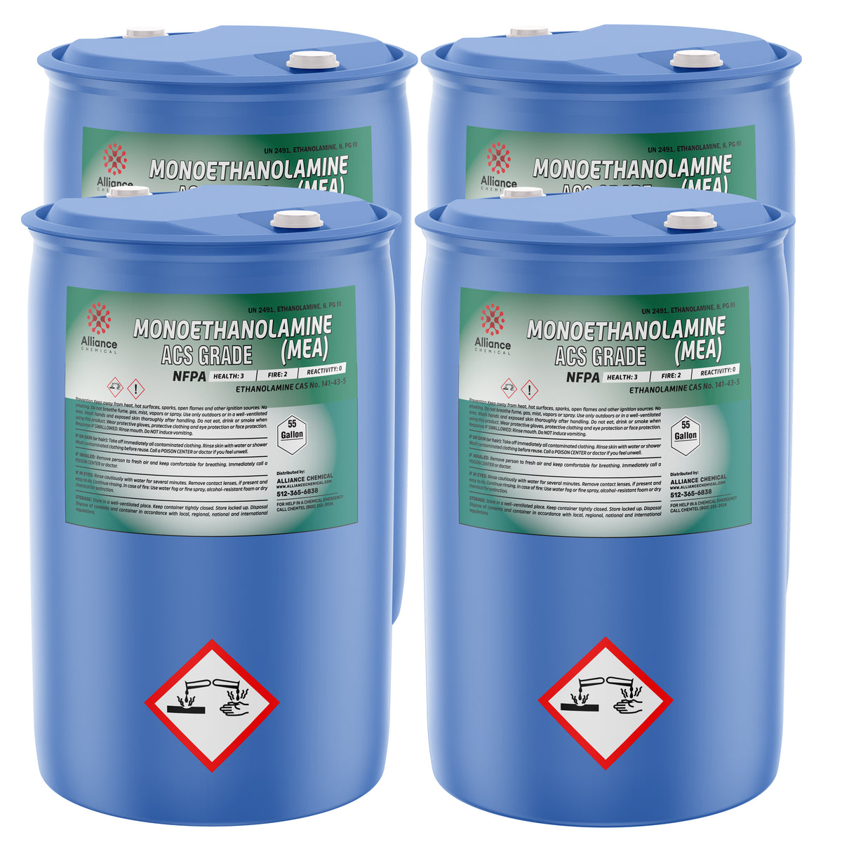 55-gallon blue drums of Monoethanolamine (MEA) ACS Grade with NFPA diamond ratings, and Alliance Chemical branding