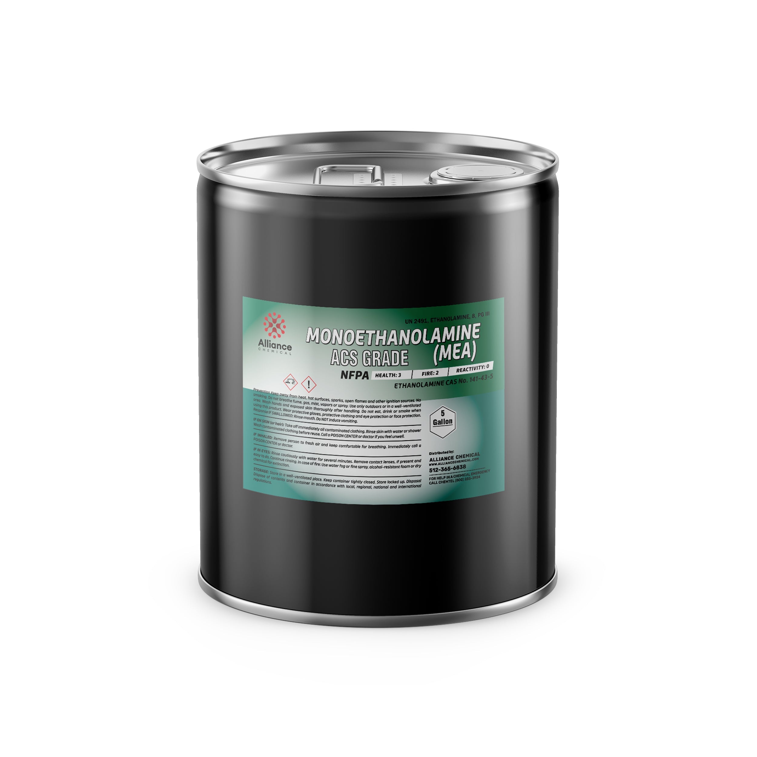 5-gallon black steel drum of ACS-grade Monoethanolamine (MEA) with NFPA safety labels, Alliance Chemical branding, and teal product information panel.
