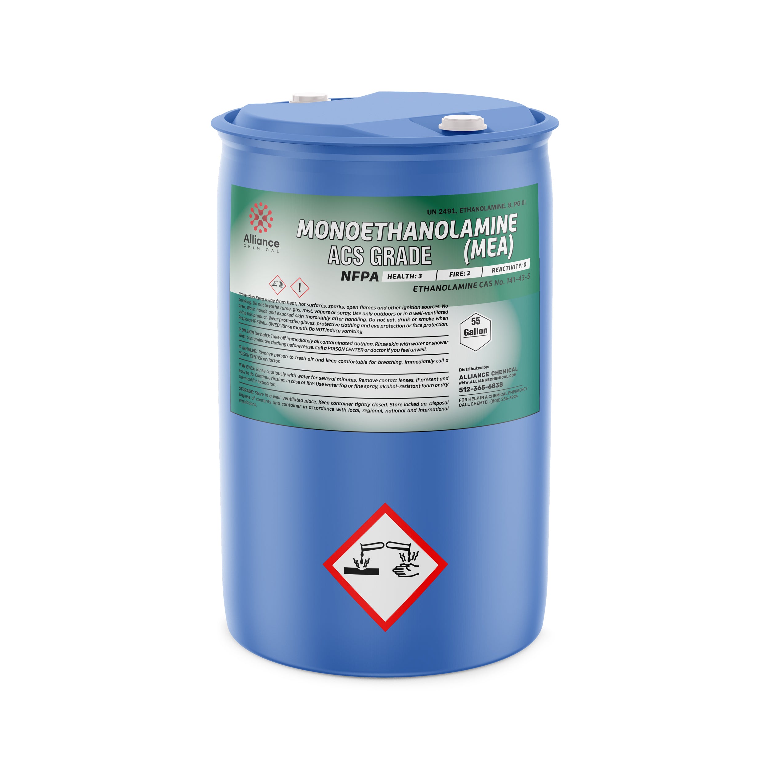 55-gallon blue polyethylene drum of ACS-grade Monoethanolamine (MEA) with NFPA labeling, corrosive/chemical burn hazard symbols, and Alliance Chemical branding.