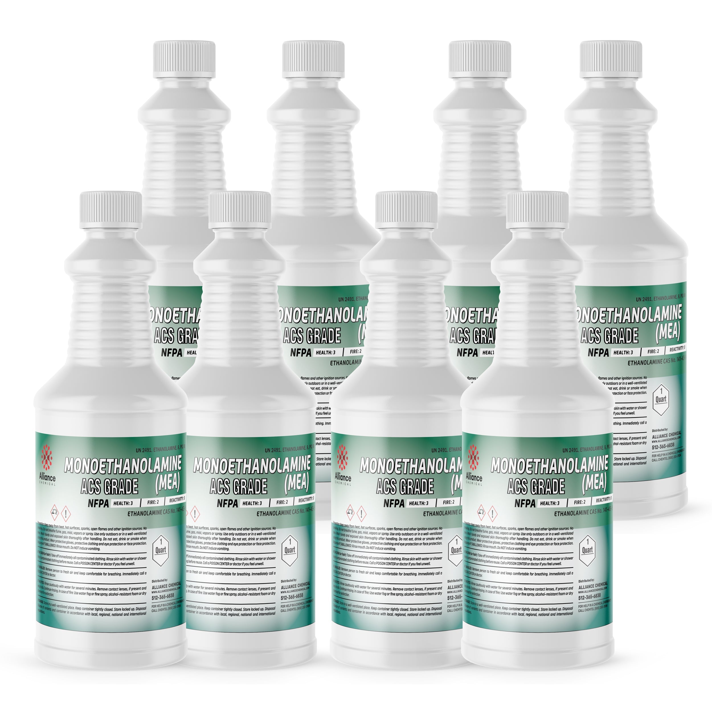 1-quart bottles of Monoethanolamine (MEA) ACS Grade reagent in HDPE containers with NFPA diamond labels, industrial chemical safety markings, and white caps.
