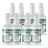 Eight Alliance Chemical 1-quart plastic bottles of Monoethanolamine (MEA) ACS Grade with white screw caps and product label.