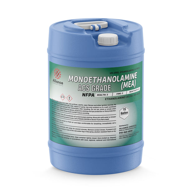 15-gallon HDPE carboy of Alliance Chemical ACS-grade Monoethanolamine (MEA) with NFPA diamond, UN2491 classification