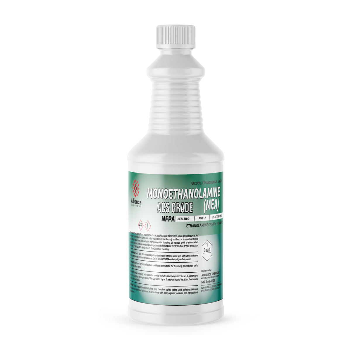 Alliance Chemical 1-quart plastic bottle of Monoethanolamine ACS Grade (MEA) with a white screw cap and product label.