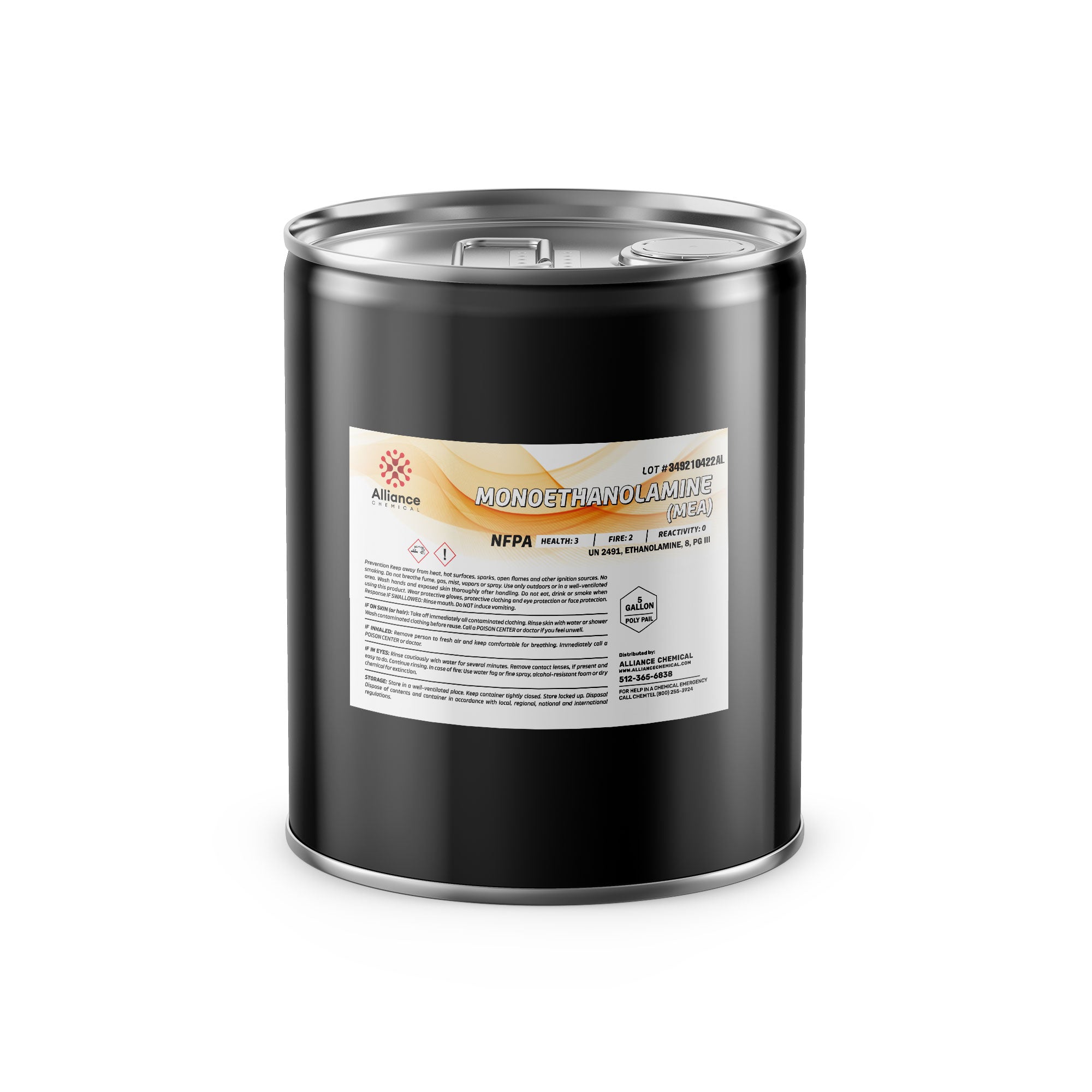 5-gallon industrial monoethanolamine (MEA) in black steel drum with NFPA diamond label showing Health-3, Fire-2, Reactivity-0 ratings, Alliance Chemical branding.