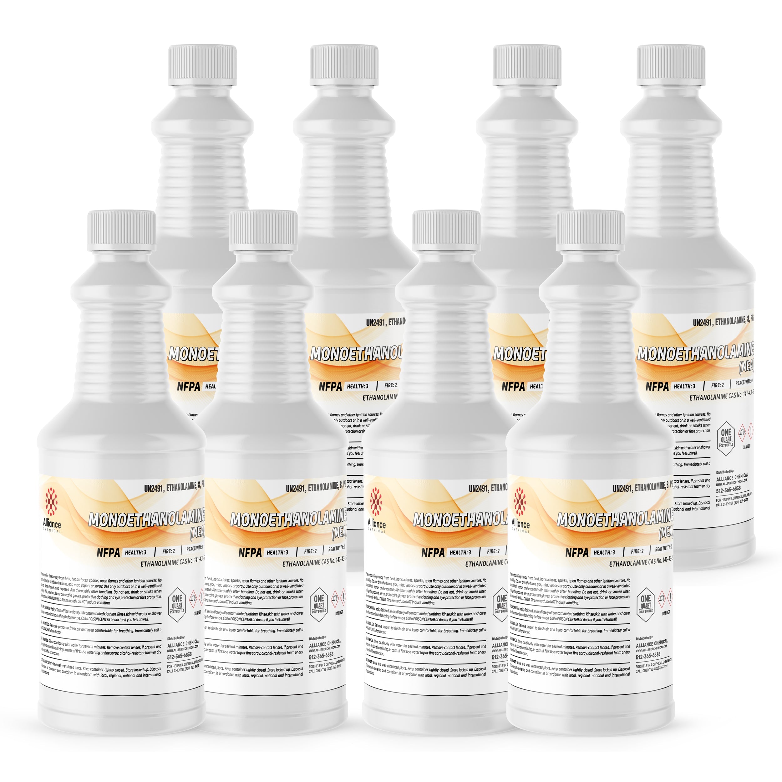 8x1-quart bottles of Monoethanolamine (MEA), NFPA Health-3 rated, in white HDPE containers with safety labels and ribbed closures, Alliance Chemical.