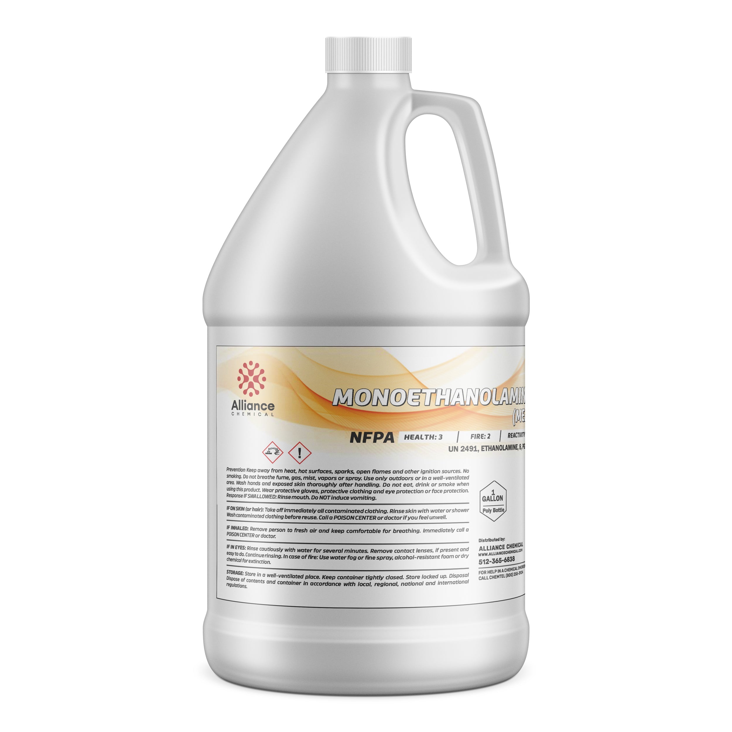 One-gallon white HDPE jug of Monoethanolamine (MEA) by Alliance Chemical, featuring NFPA diamond, UN2491 classification, and safety warnings on label.