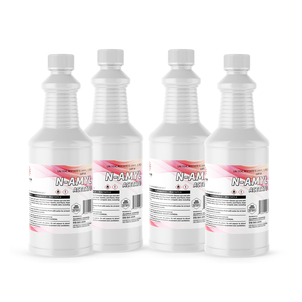 32 fl oz N-Amyl Acetate in white HDPE bottles with safety caps, UN1104 classification, flammable/irritant warning symbols on product labels.