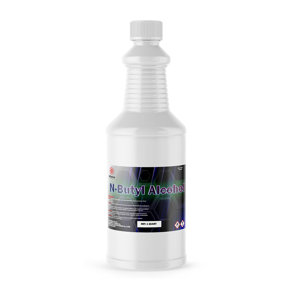 1-quart N-Butyl Alcohol in ribbed white HDPE bottle with industrial chemical label, GHS hazard symbols, screw cap closure - Alliance Chemical.