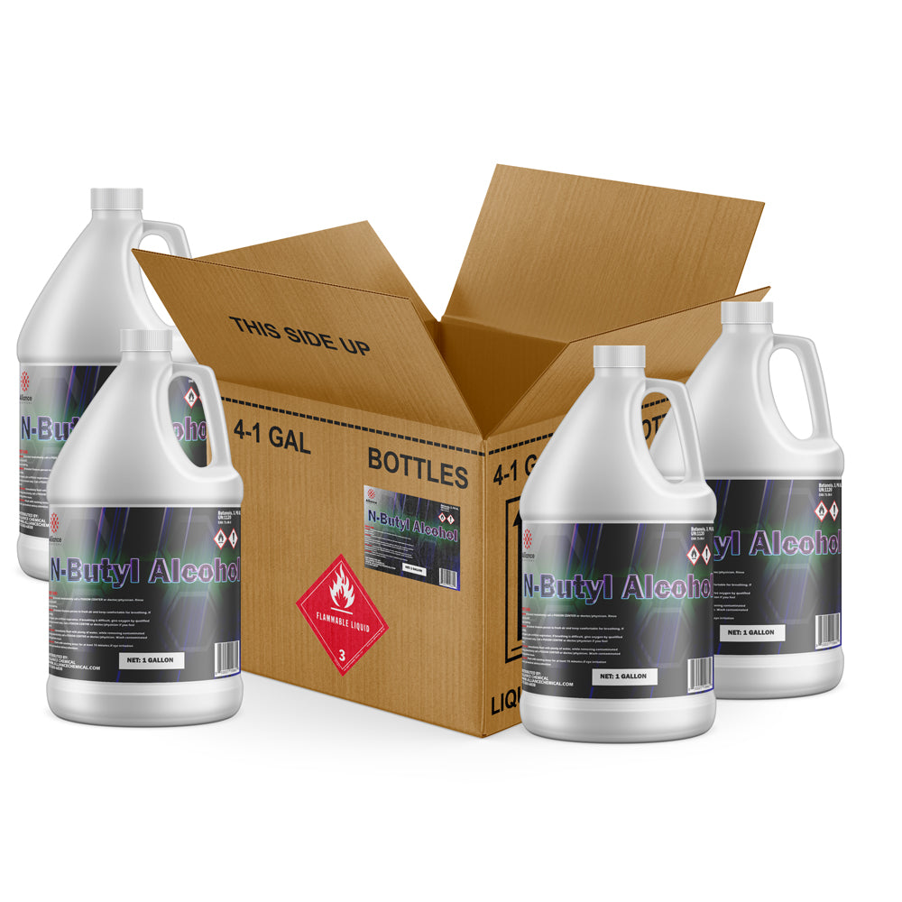 4x1-gallon N-Butyl Alcohol containers with cardboard shipping box, flammable liquid Class 3 warning placard, HDPE jugs with safety labels.