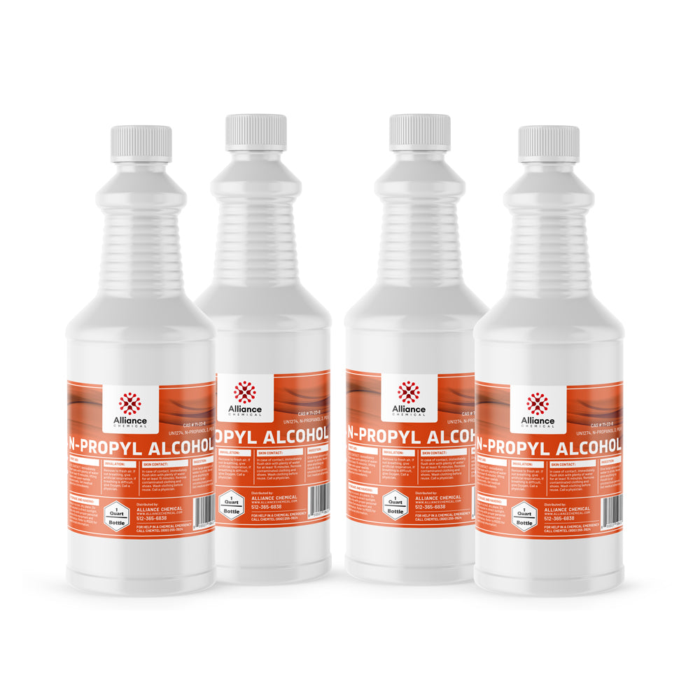 32 oz white HDPE bottles of n-propyl alcohol by Alliance Chemical, industrial-grade solvent with orange safety labels and ribbed screw caps, 4-pack.