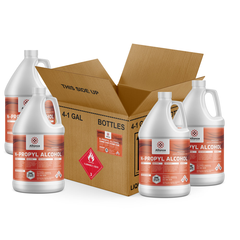 4x1-gallon Alliance N-Propyl Alcohol in white HDPE jugs with cardboard shipping box, flammable liquid Class 3 warning label, industrial-grade solvent.