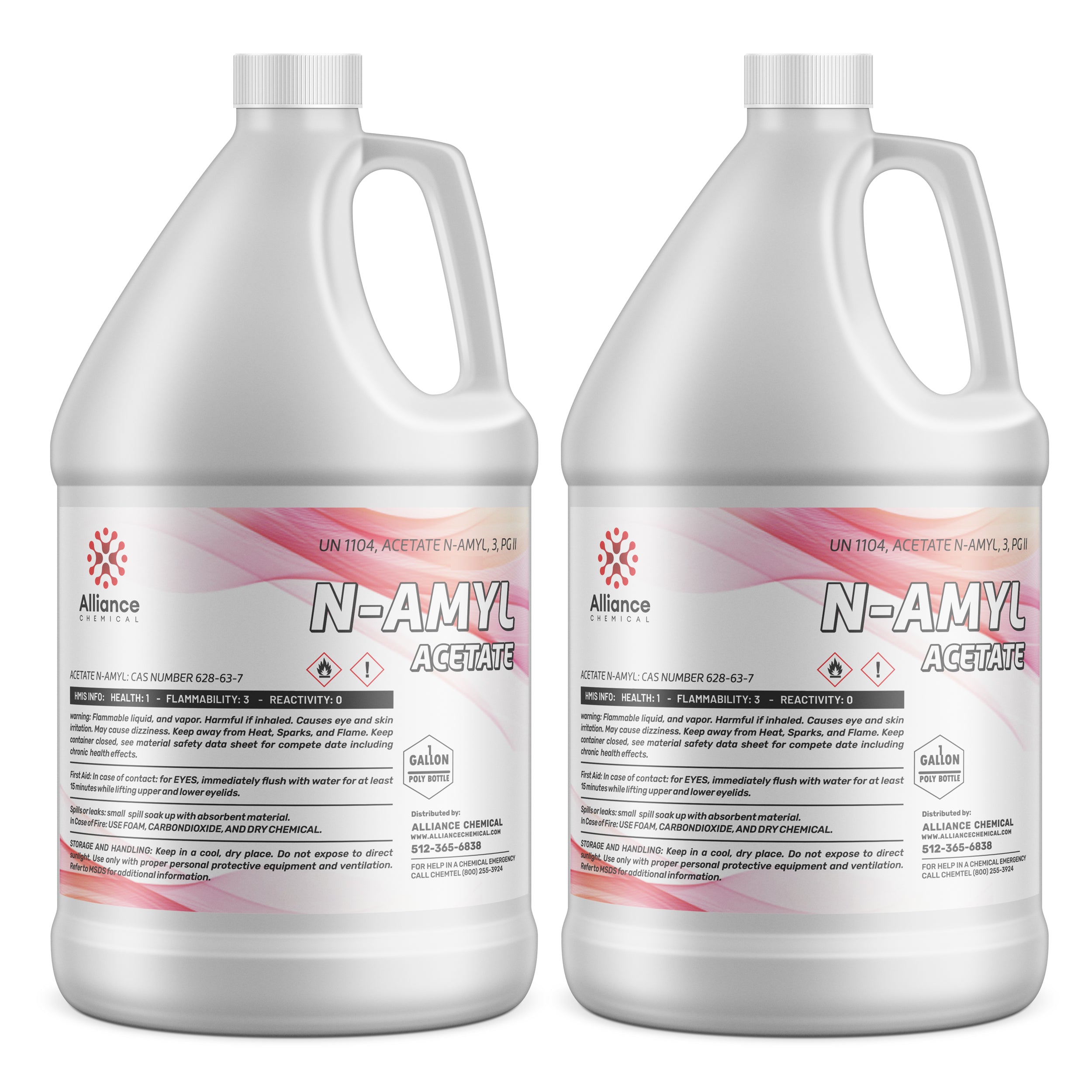 2-gallon N-amyl acetate in white HDPE containers with UN1104 hazard classification, flammability warning symbols, and Alliance Chemical branding.
