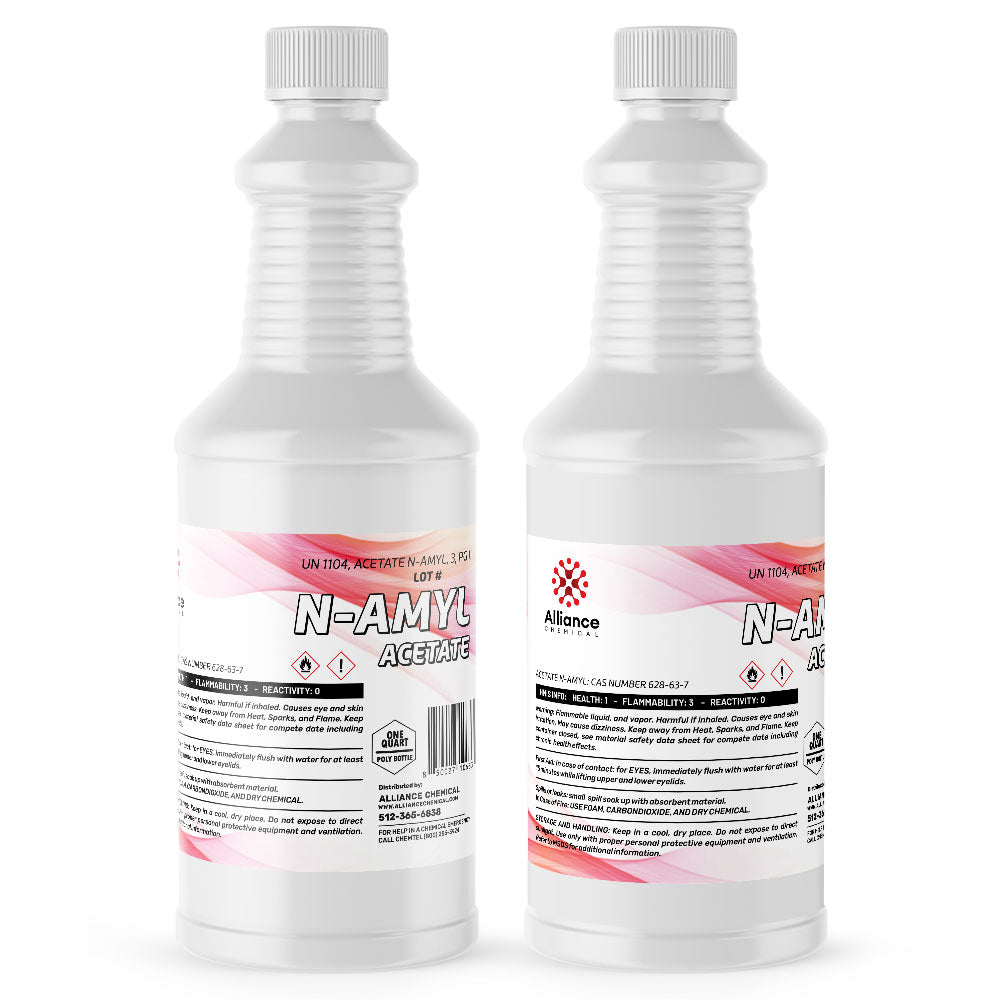 2-quart N-amyl acetate in HDPE bottles with flammability/reactivity warnings, Alliance Chemical branding, safety seals