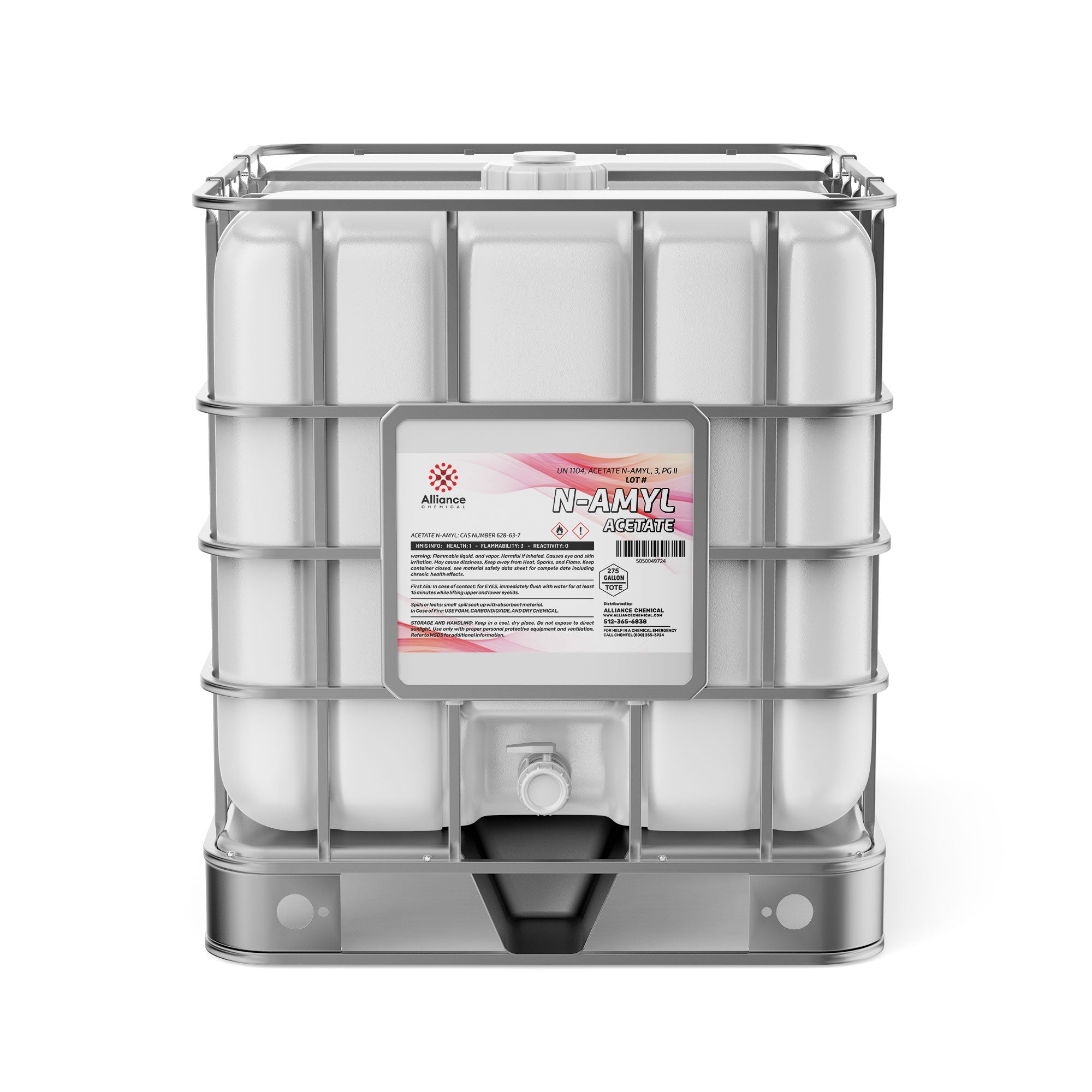 275-gallon IBC tote of N-Amyl Acetate industrial solvent from Alliance Chemical, white container with metal cage, hazmat warning symbols and product label.