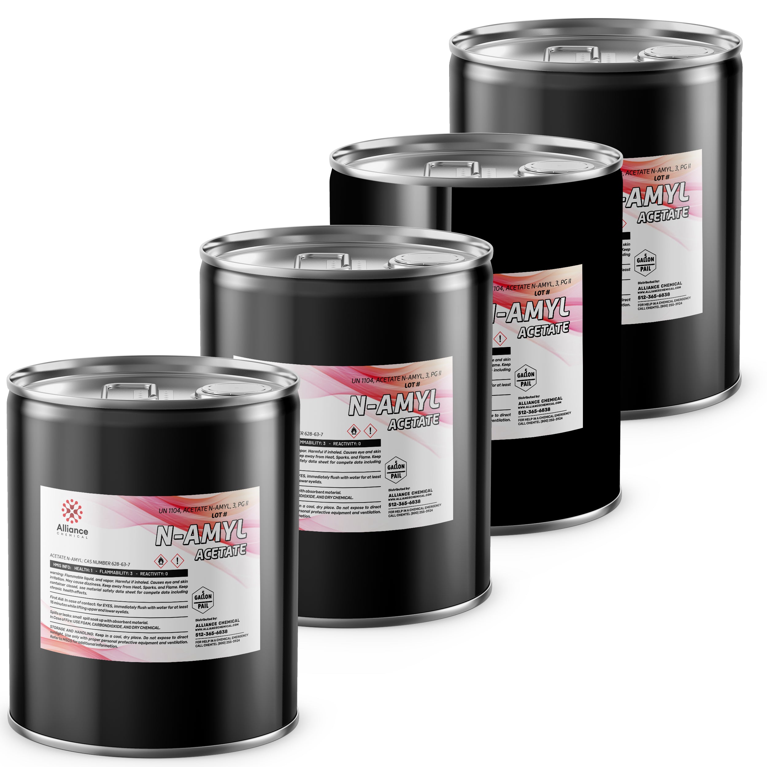 4x5-gallon industrial N-Amyl Acetate in black steel drums, Alliance Chemical branded, featuring flammability warning symbols and safety labels.